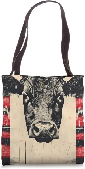 Red Vintage Checkered Cows Ranch Pasture Rustic Farm Art Tote Bag
