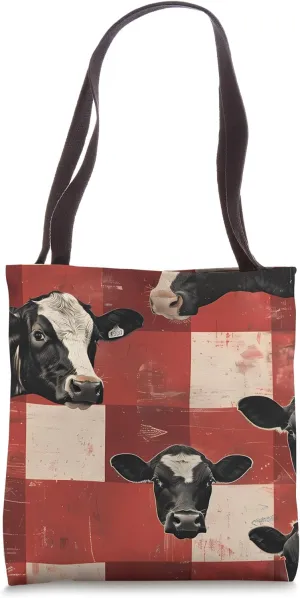 Red Vintage Checkered Cows Ranch Pasture Rustic Farm Art Tote Bag