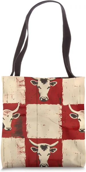 Red Vintage Checkered Cows Ranch Pasture Rustic Farm Art Tote Bag