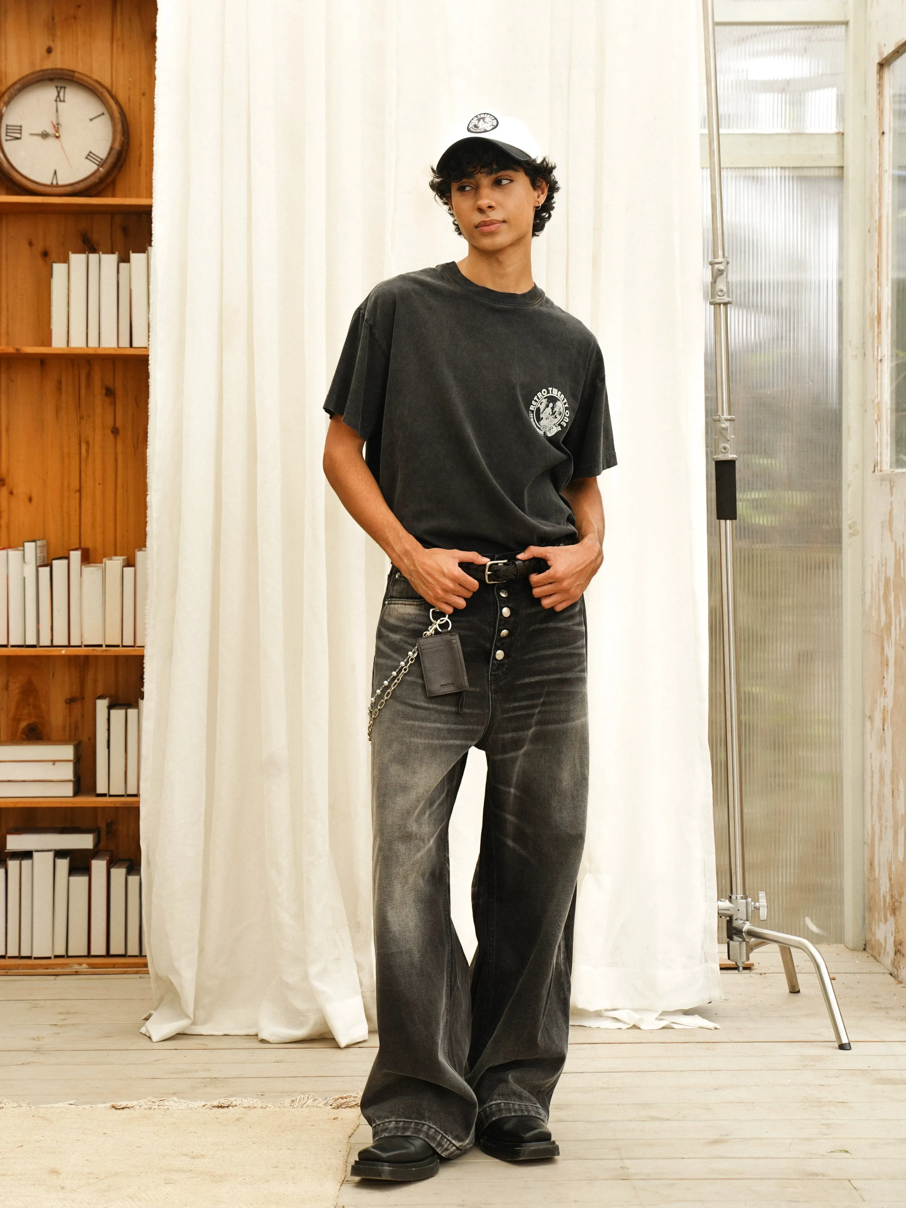 Retro Black and Gray Wide-Leg Jeans