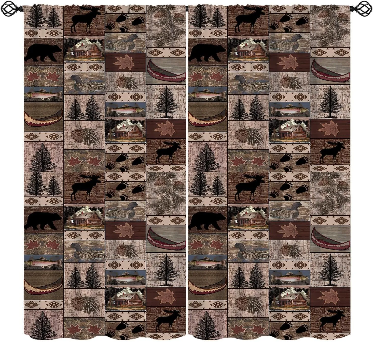 Retro Rustic Style Curtain, Moose Deer Bear Leaf Tree Country Style Farmhouse Blackout Curtains for Living Room Kitchen Study Room Home Decro 42x45inch (107x114cm)