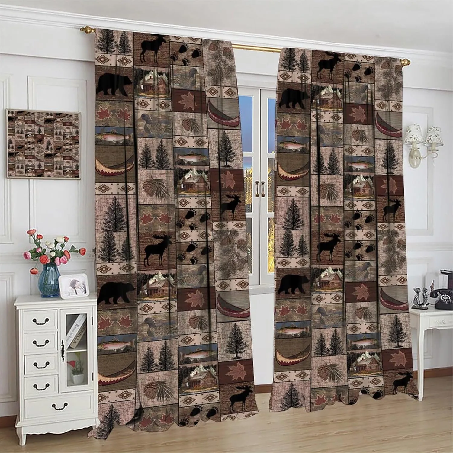 Retro Rustic Style Curtain, Moose Deer Bear Leaf Tree Country Style Farmhouse Blackout Curtains for Living Room Kitchen Study Room Home Decro 42x45inch (107x114cm)