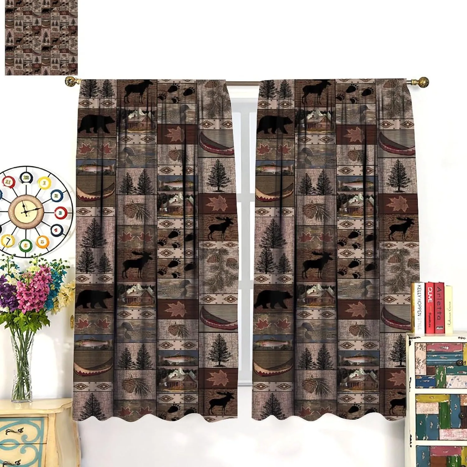 Retro Rustic Style Curtain, Moose Deer Bear Leaf Tree Country Style Farmhouse Blackout Curtains for Living Room Kitchen Study Room Home Decro 42x45inch (107x114cm)