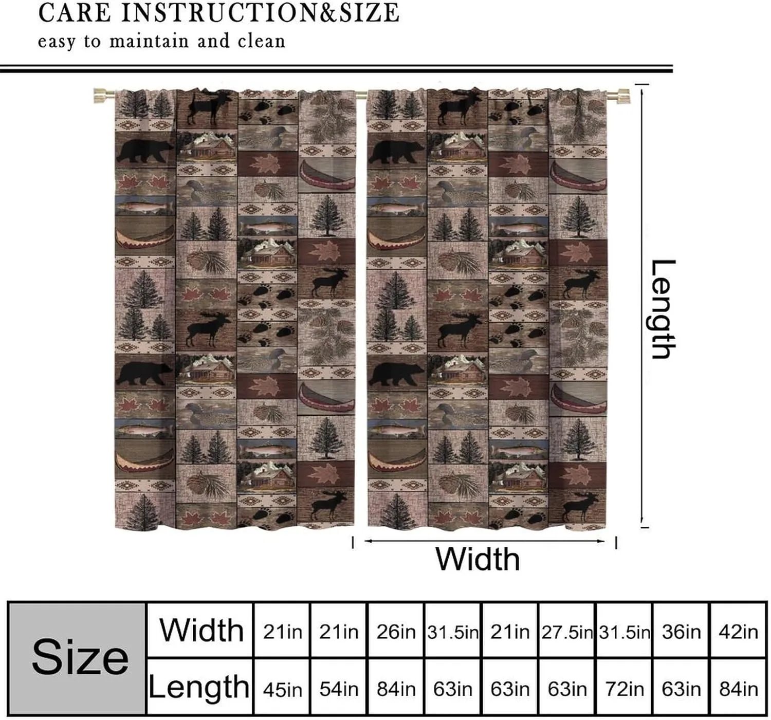 Retro Rustic Style Curtain, Moose Deer Bear Leaf Tree Country Style Farmhouse Blackout Curtains for Living Room Kitchen Study Room Home Decro 42x45inch (107x114cm)