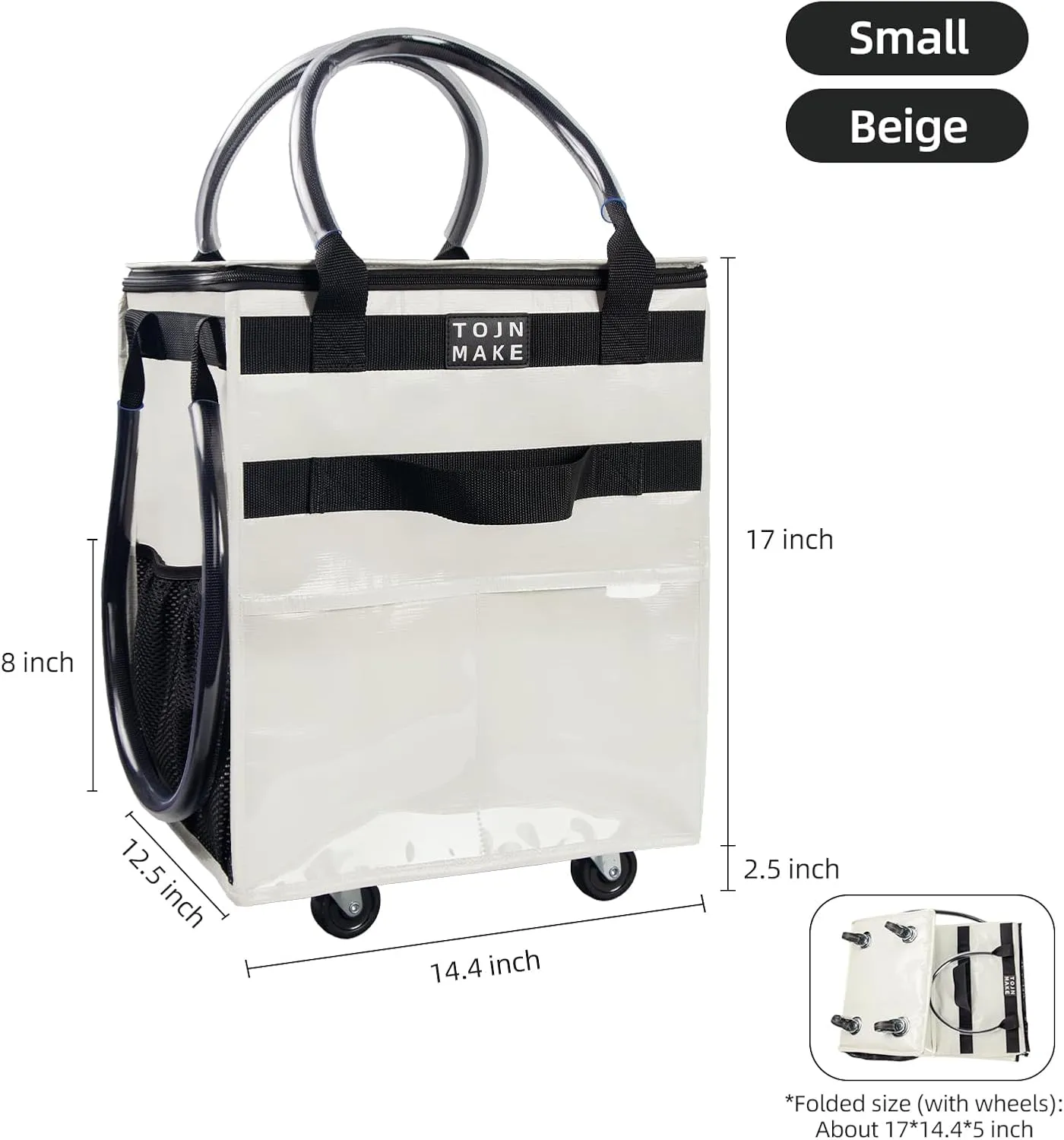 Reusable Grocery Bag On Wheels Shopping Trolley with 8 Pockets and Zipper Cover Foldable Rolling Tote, Heavy Duty Handles, Carries Up to 22 LBS (Small, Beige)