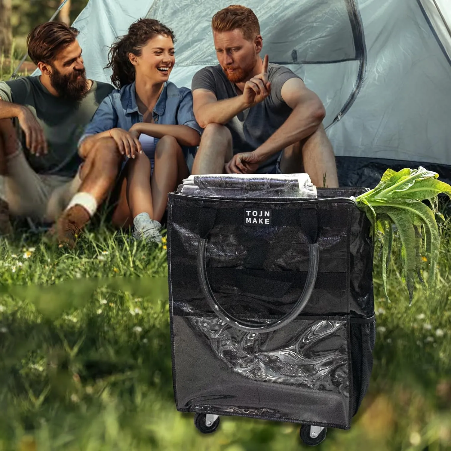 Reusable Grocery Bag On Wheels(Medium -Black), Rolling Tote Bag, Shopping Cart with 8 Pockets and Zipper Cover for Trips, Foldable, Heavy Duty Handles, Carries Up to 46LBS