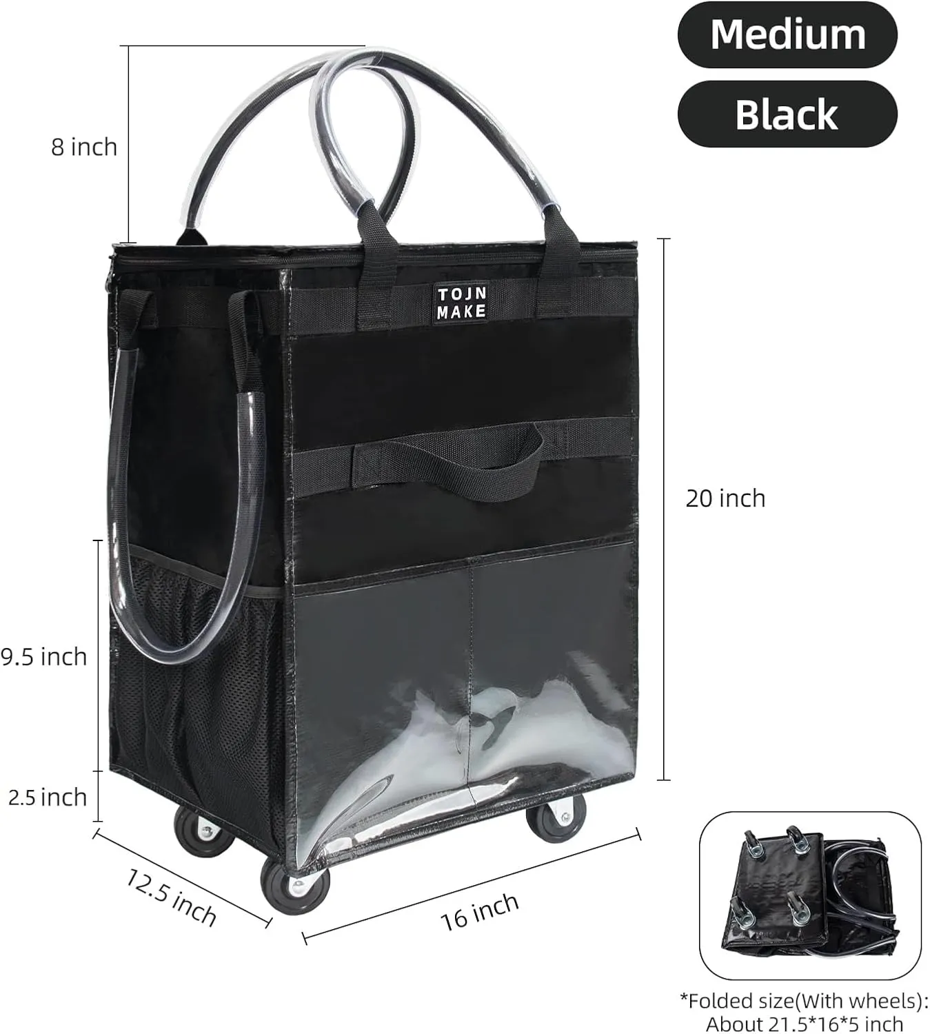 Reusable Grocery Bag On Wheels(Medium -Black), Rolling Tote Bag, Shopping Cart with 8 Pockets and Zipper Cover for Trips, Foldable, Heavy Duty Handles, Carries Up to 46LBS