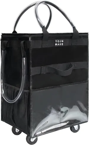 Reusable Grocery Bag On Wheels(Medium -Black), Rolling Tote Bag, Shopping Cart with 8 Pockets and Zipper Cover for Trips, Foldable, Heavy Duty Handles, Carries Up to 46LBS