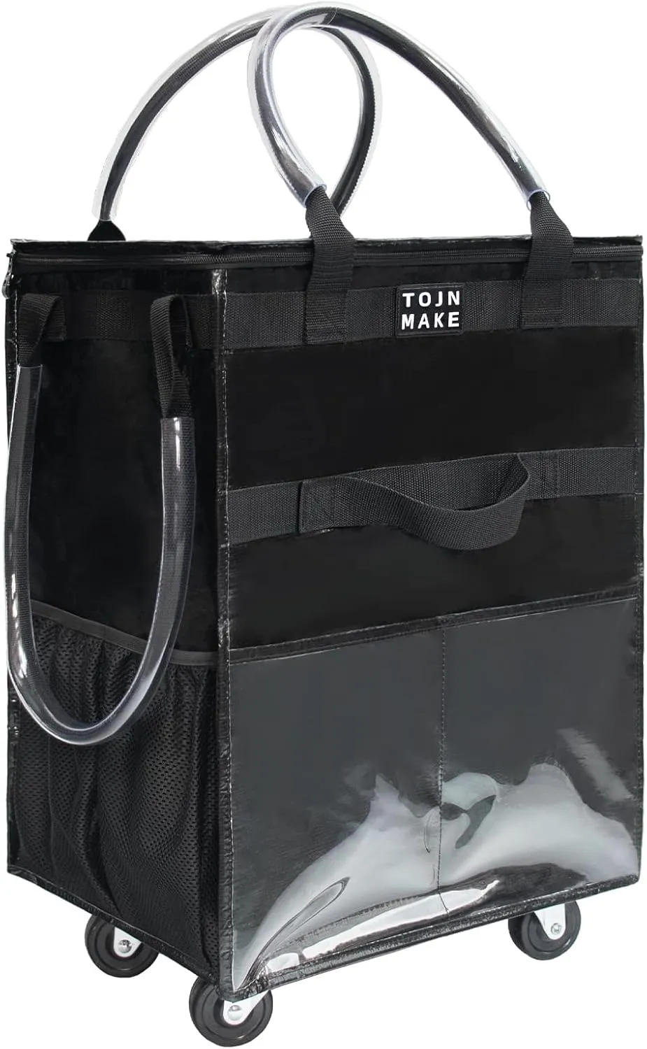 Reusable Grocery Bag On Wheels(Medium -Black), Rolling Tote Bag, Shopping Cart with 8 Pockets and Zipper Cover for Trips, Foldable, Heavy Duty Handles, Carries Up to 46LBS