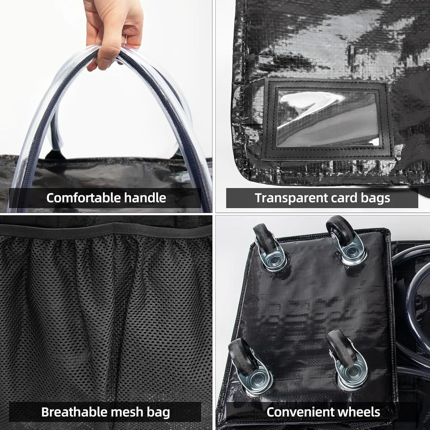 Reusable Grocery Bag On Wheels(Medium -Black), Rolling Tote Bag, Shopping Cart with 8 Pockets and Zipper Cover for Trips, Foldable, Heavy Duty Handles, Carries Up to 46LBS