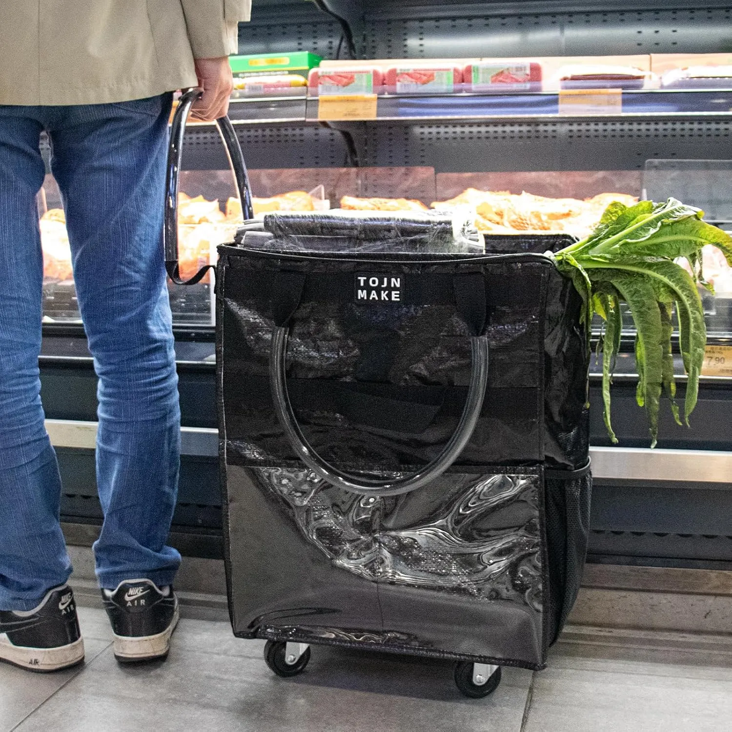 Reusable Grocery Bag On Wheels(Medium -Black), Rolling Tote Bag, Shopping Cart with 8 Pockets and Zipper Cover for Trips, Foldable, Heavy Duty Handles, Carries Up to 46LBS