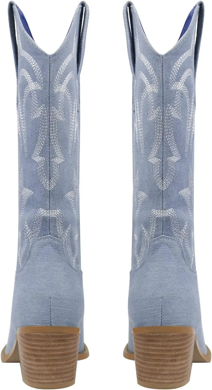 richealnini Women's Cowgirl Cowboy Boots Pull On Tab Embroidered Mid Calf Booties Western Boots in Denim
