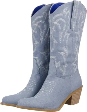 richealnini Women's Cowgirl Cowboy Boots Pull On Tab Embroidered Mid Calf Booties Western Boots in Denim