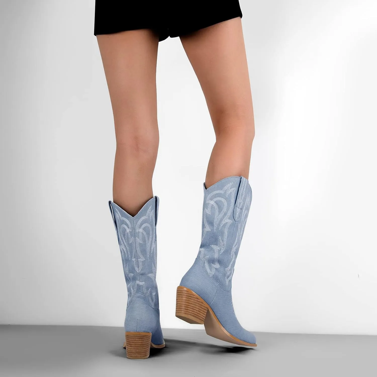 richealnini Women's Cowgirl Cowboy Boots Pull On Tab Embroidered Mid Calf Booties Western Boots in Denim