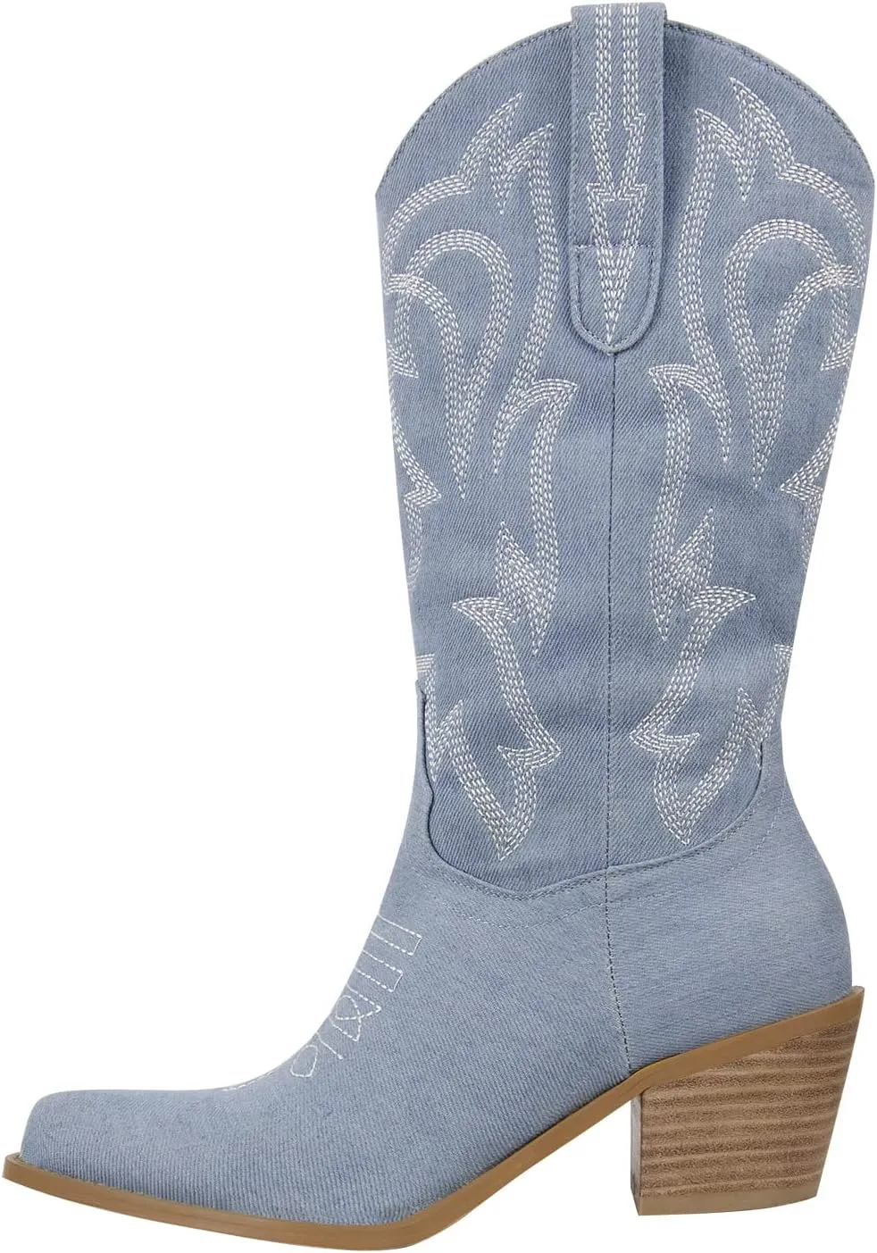 richealnini Women's Cowgirl Cowboy Boots Pull On Tab Embroidered Mid Calf Booties Western Boots in Denim