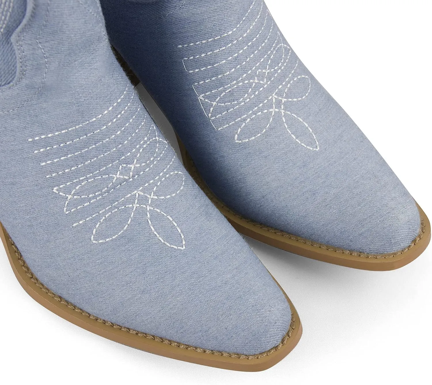 richealnini Women's Cowgirl Cowboy Boots Pull On Tab Embroidered Mid Calf Booties Western Boots in Denim