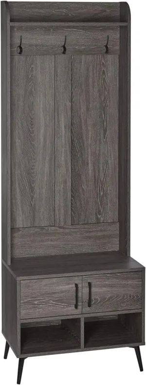 RiverRidge Woodbury Entryway Bench with Shoe Storage Cupboard, Coat Hooks & Cubbies - Neutral Dark Wood Grain Finish