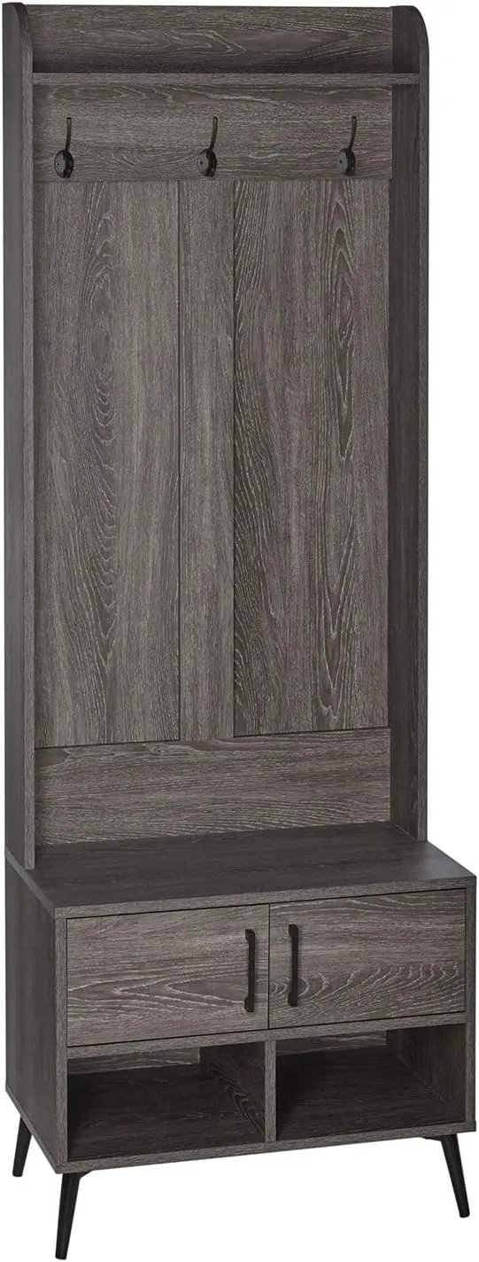 RiverRidge Woodbury Entryway Bench with Shoe Storage Cupboard, Coat Hooks & Cubbies - Neutral Dark Wood Grain Finish