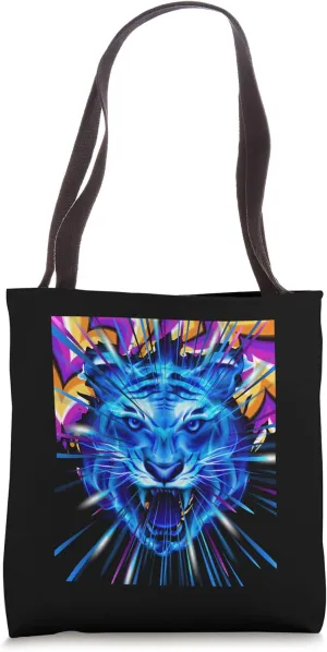 Roaring Tiger Face Roar Blue Psychedelic Colors Lines Feline Tote Bag