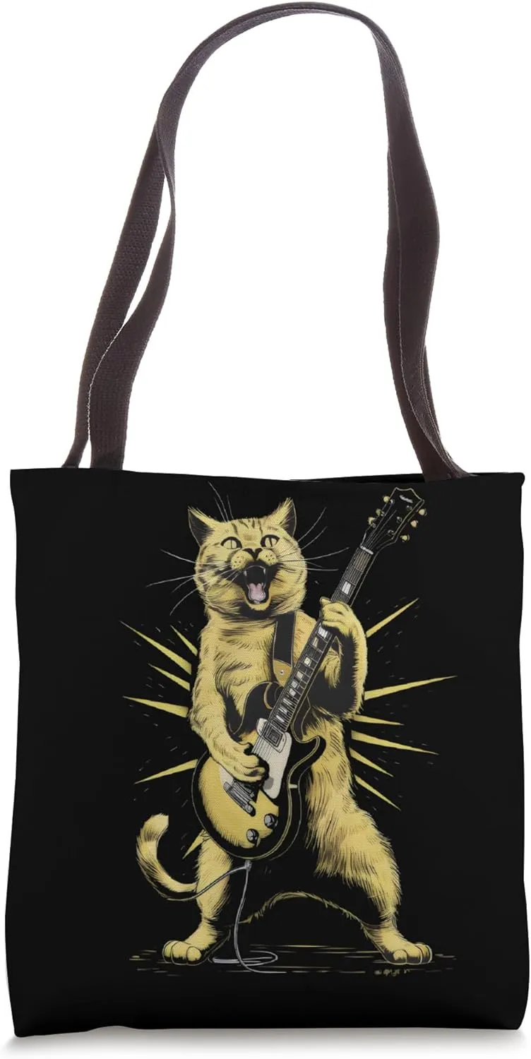 Rock Cat Playing Guitar - Funny Guitar Cat Tote Bag