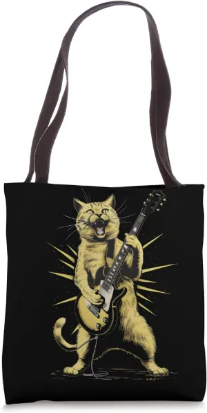 Rock Cat Playing Guitar - Funny Guitar Cat Tote Bag