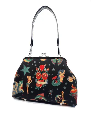 Rockabilly Tattoo Kisslock Shoulder Bag, Cute Vintage Style Purse, Pinup Crossbody Bag, Novelty Purse, Gift for Women (Adjustable Crossbody Strap)