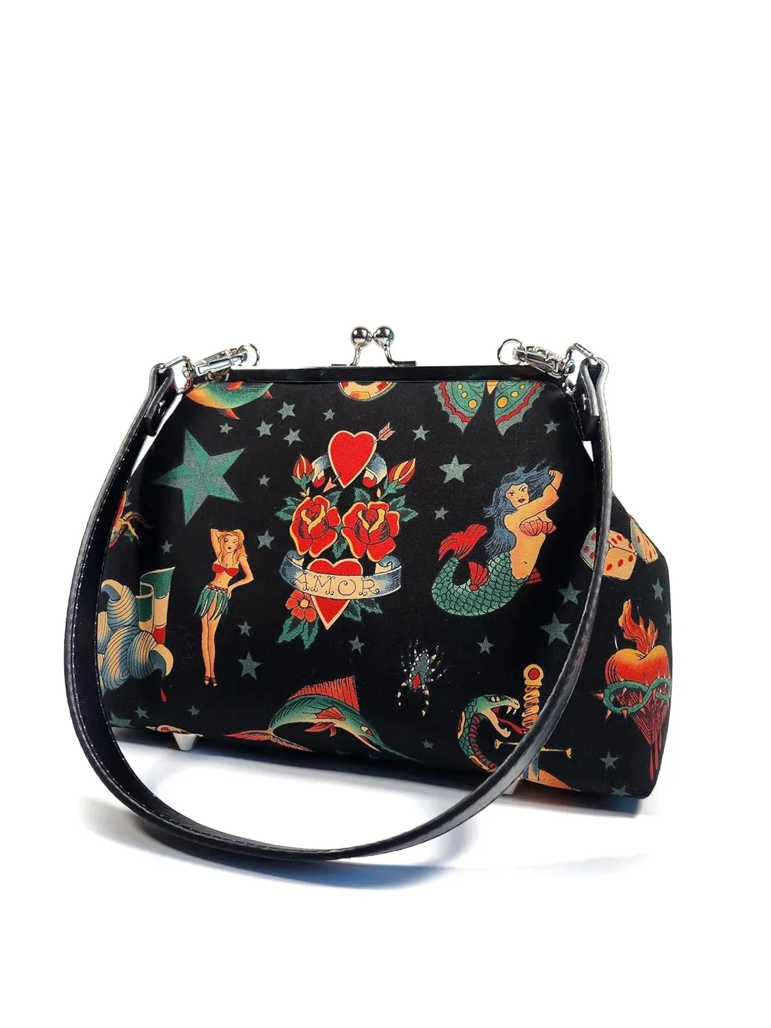 Rockabilly Tattoo Kisslock Shoulder Bag, Cute Vintage Style Purse, Pinup Crossbody Bag, Novelty Purse, Gift for Women (Adjustable Crossbody Strap)
