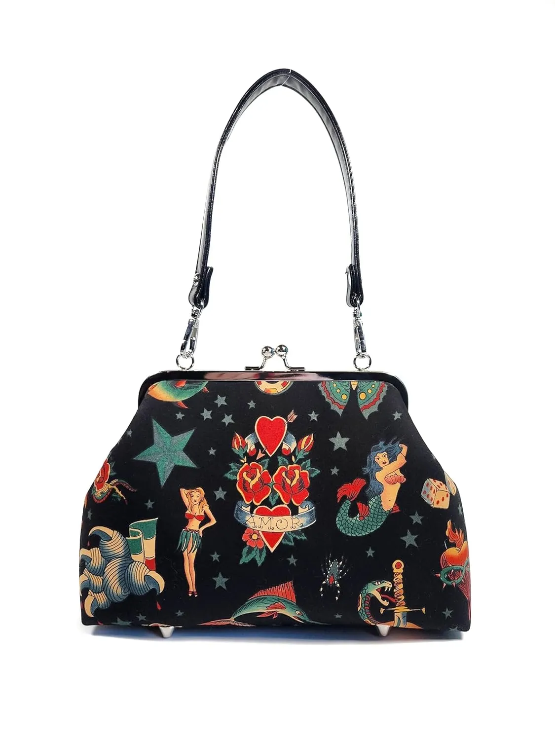 Rockabilly Tattoo Kisslock Shoulder Bag, Cute Vintage Style Purse, Pinup Crossbody Bag, Novelty Purse, Gift for Women (Adjustable Crossbody Strap)