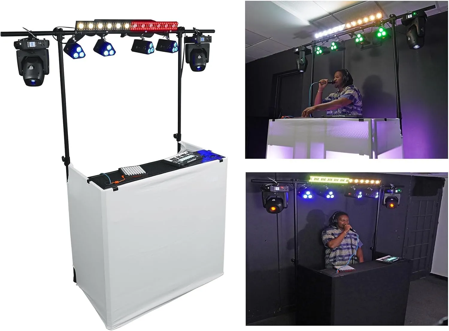 Rockville ROCKBOOTH TRUSS DJ Booth With Facade, 2-Tier Tables, Truss, Scrims, and Travel Bag, XL Size (48.5" L x 24" D x 44" H), Sturdy, Portable, Quick Setup