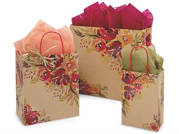 Romantic Blooms Kraft Paper Gift Bags: 25 Pack / Cub 8x4.75x10"
