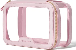 ROWNYEON Clear Makeup Bag,PVC Clear Toiletry Bag For Women,Waterproof Faux Leather Travel Makeup Bag with Handle Large Opening & Gold Zippers,Car Essentials for Women Gift