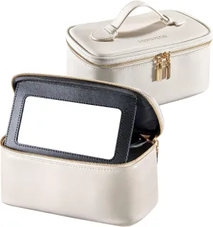 ROWNYEON Large Capacity Cosmetic Bags with Mirror for Women, Waterproof Leather Portable Toiletry Bag, Hard Shell Brushes Makeup Organizer Travel Essentials Makeup Case With Handle and Divider