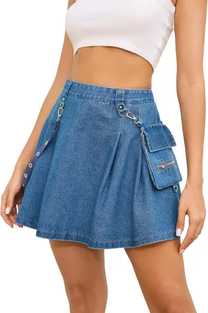 Ruolai Goth Black Pleated Mini Skirt with Chain High Waisted Tennis Skirt