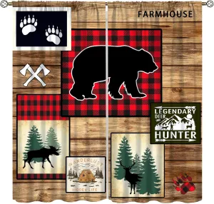 Rustic Bear Curtains, Vintage Country Plank Latticework Forest Cabin Hunting Elk Lodge Wild Animal Blackout Window Treatments, Thermally Insulated Drapes for Living Room Bedroom Cottage 52x84in