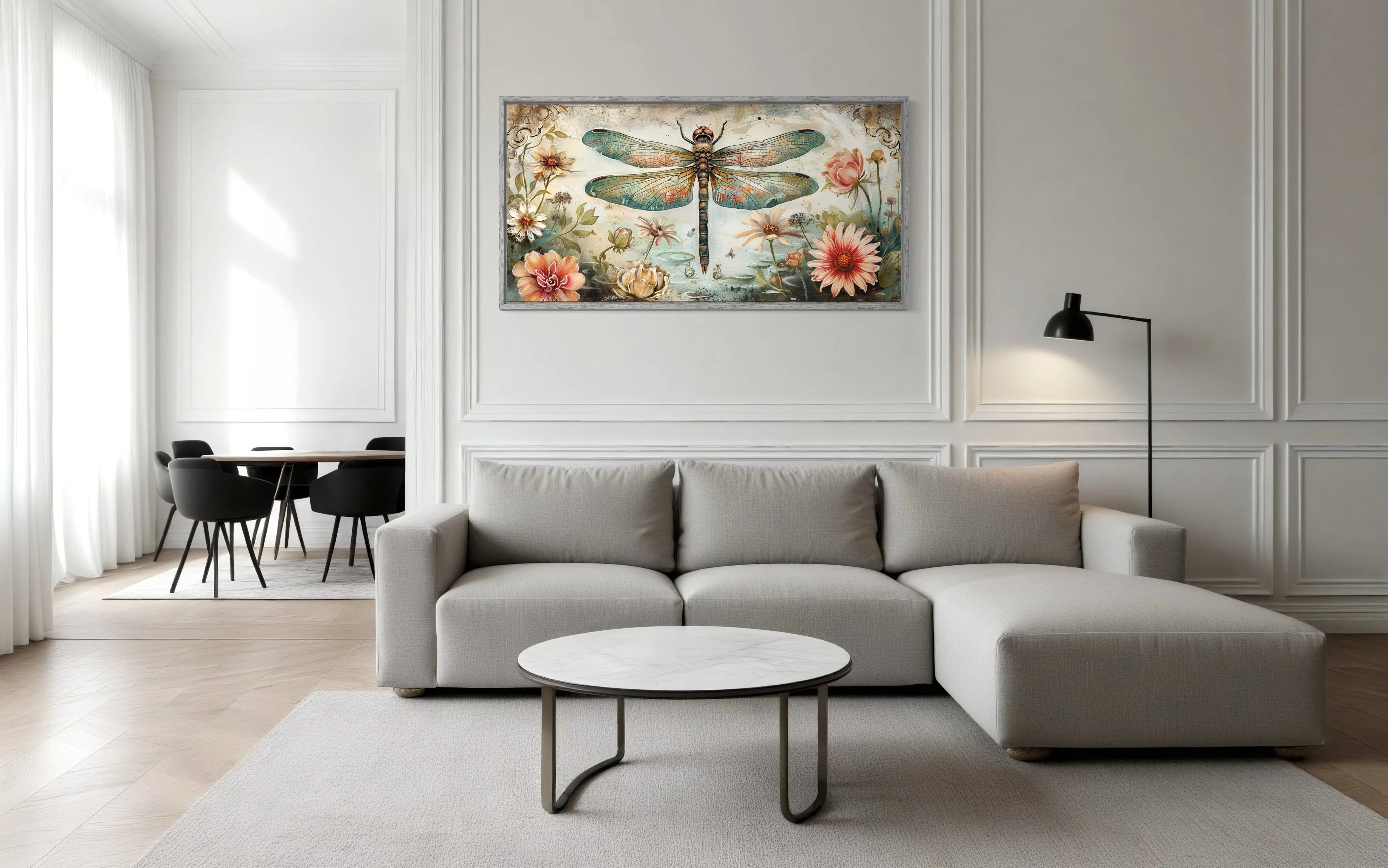 Rustic Dragonfly Illustration With Flowers Framed Canvas Wall Art