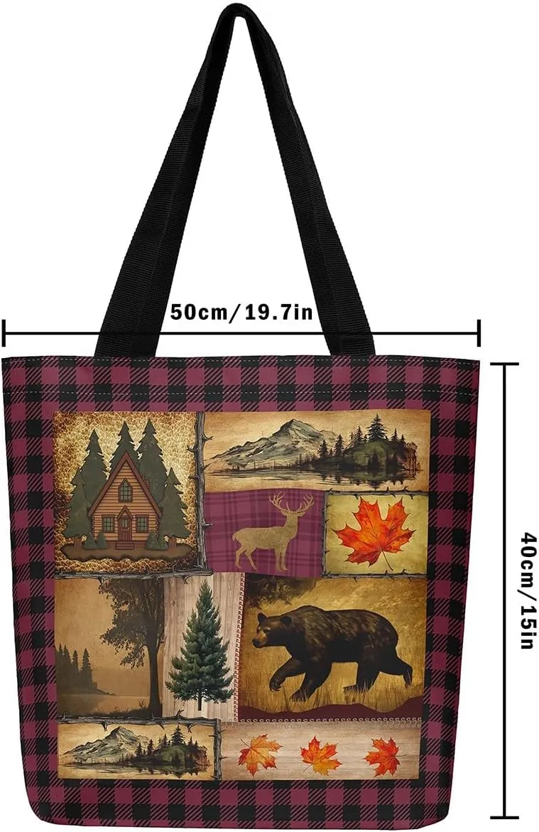 Rustic Farmhouse Canvas Tote Bag,Bear Deer Wildlife Tote Bag