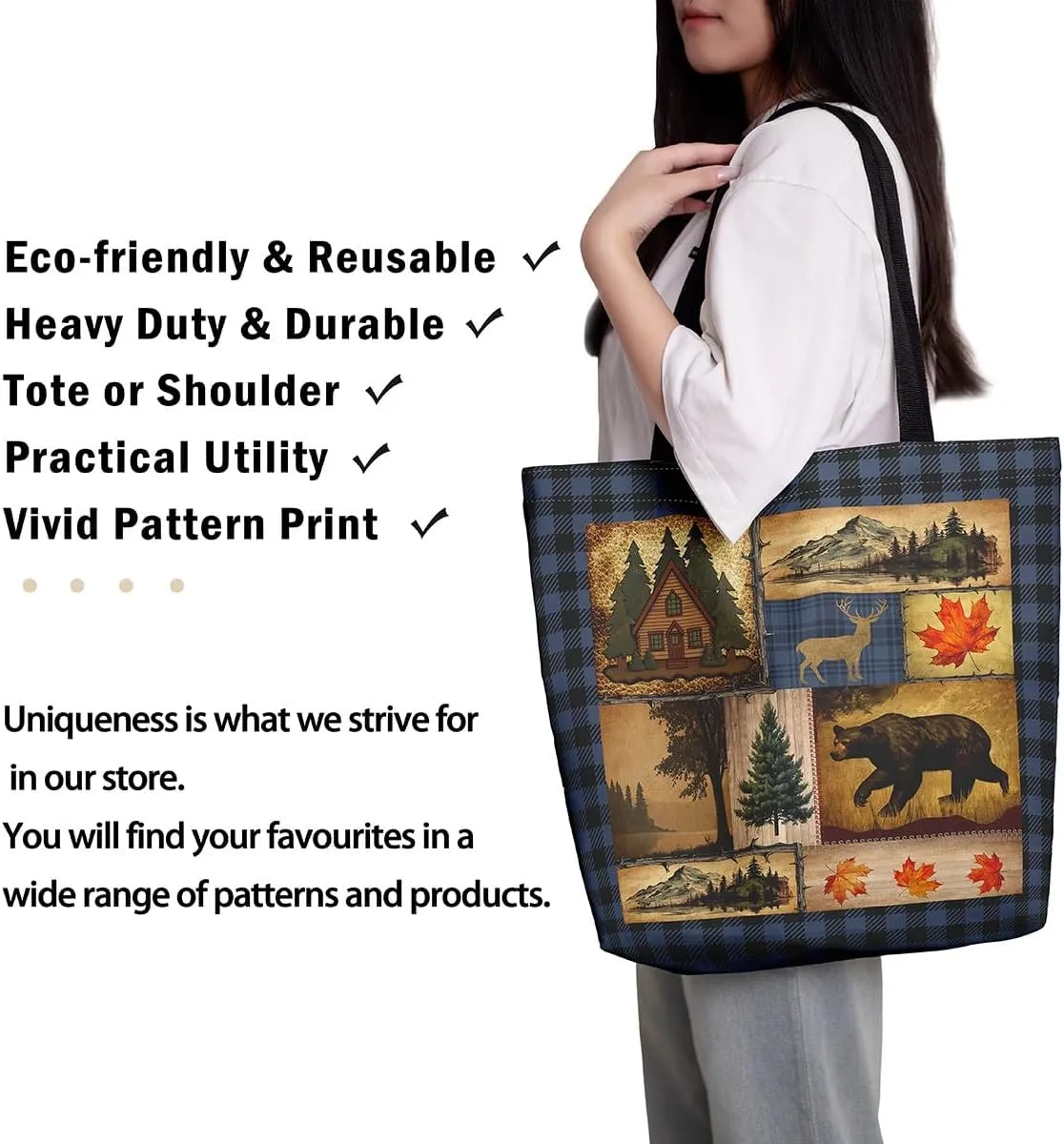 Rustic Farmhouse Canvas Tote Bag,Bear Deer Wildlife Tote Bag