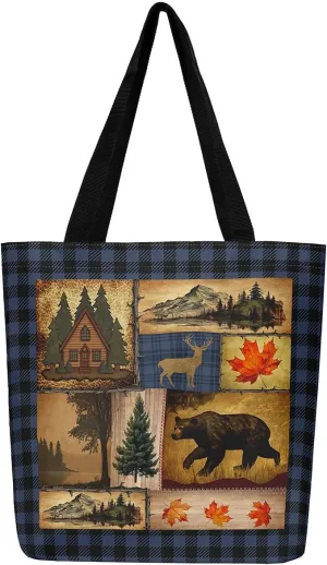 Rustic Farmhouse Canvas Tote Bag,Bear Deer Wildlife Tote Bag