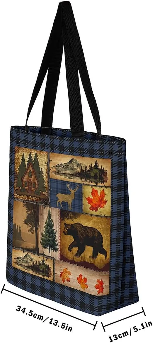 Rustic Farmhouse Canvas Tote Bag,Bear Deer Wildlife Tote Bag