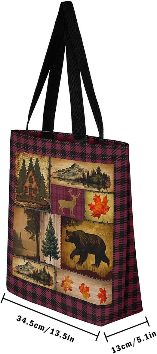 Rustic Farmhouse Canvas Tote Bag,Bear Deer Wildlife Tote Bag