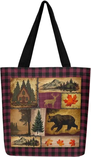 Rustic Farmhouse Canvas Tote Bag,Bear Deer Wildlife Tote Bag