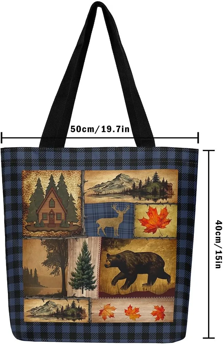 Rustic Farmhouse Canvas Tote Bag,Bear Deer Wildlife Tote Bag