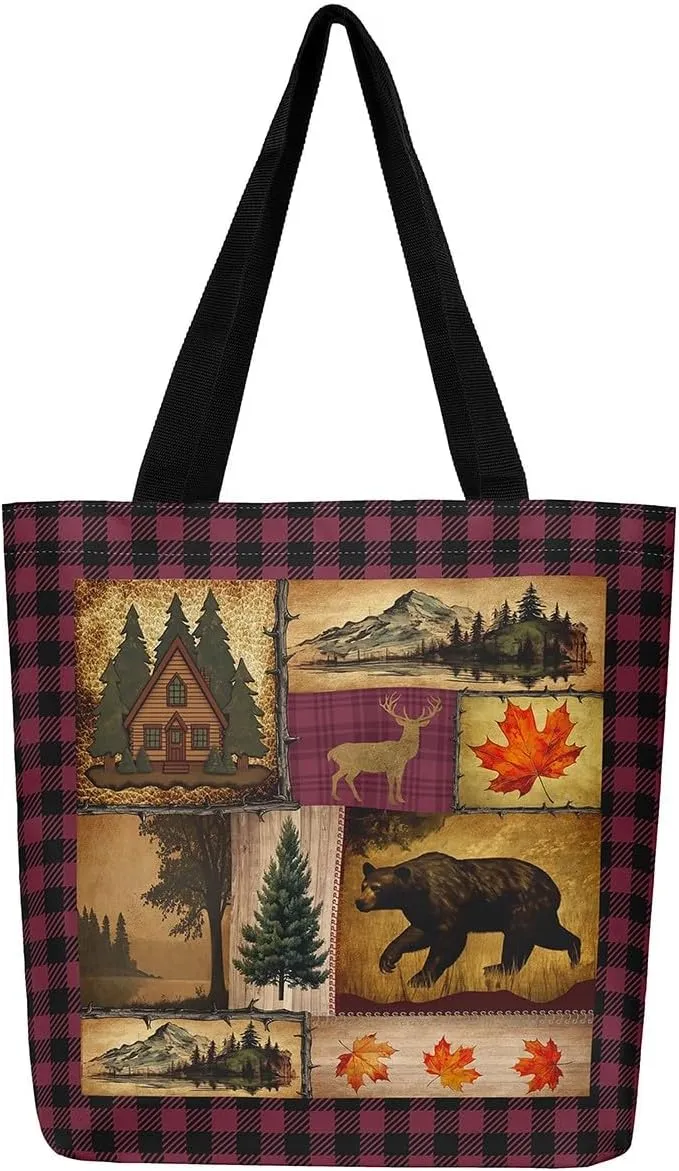 Rustic Farmhouse Canvas Tote Bag,Bear Deer Wildlife Tote Bag