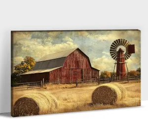 Rustic Farmhouse Canvas Wall Art, Vintage Barn Windmill Haystack Painting Prints for Living Room Canvas Wall Decor, Framed Old Country Farm Landscape Poster Prints for Living Room Artwork 24x36 Inches