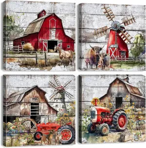 Rustic Farmhouse Wall Art Country Landscape Painting Barn Windmill Truck Canvas Prints Farm Animal Cow Horse Posters Watercolor Red Rural Artwork for Dining Room Bedroom Home Decoration 14x14”4Pcs