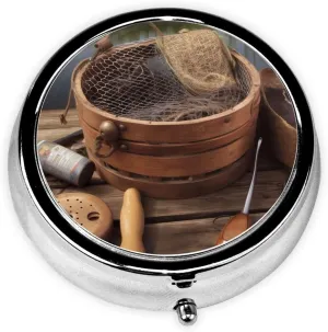 Rustic Fishing Tool Pill Box Round Pill Case for Pocket Purse 3 Compartment Medicine Pill Organizer Cute Portable Travel Pillbox Vitamin Cod Liver Oil Storage Box Unique Gift Organizer