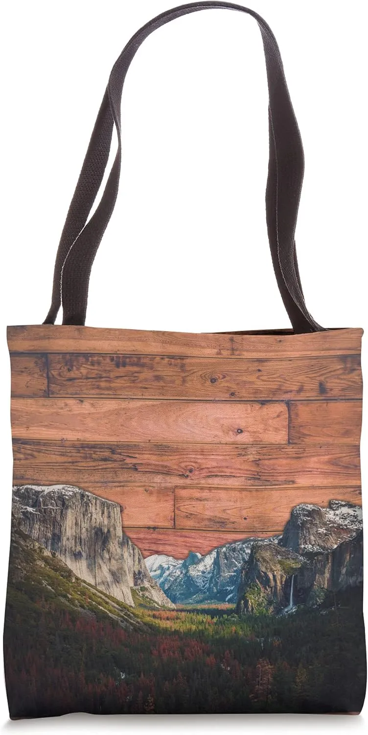 Rustic Mountain Scene with Plank Slats Tote Bag