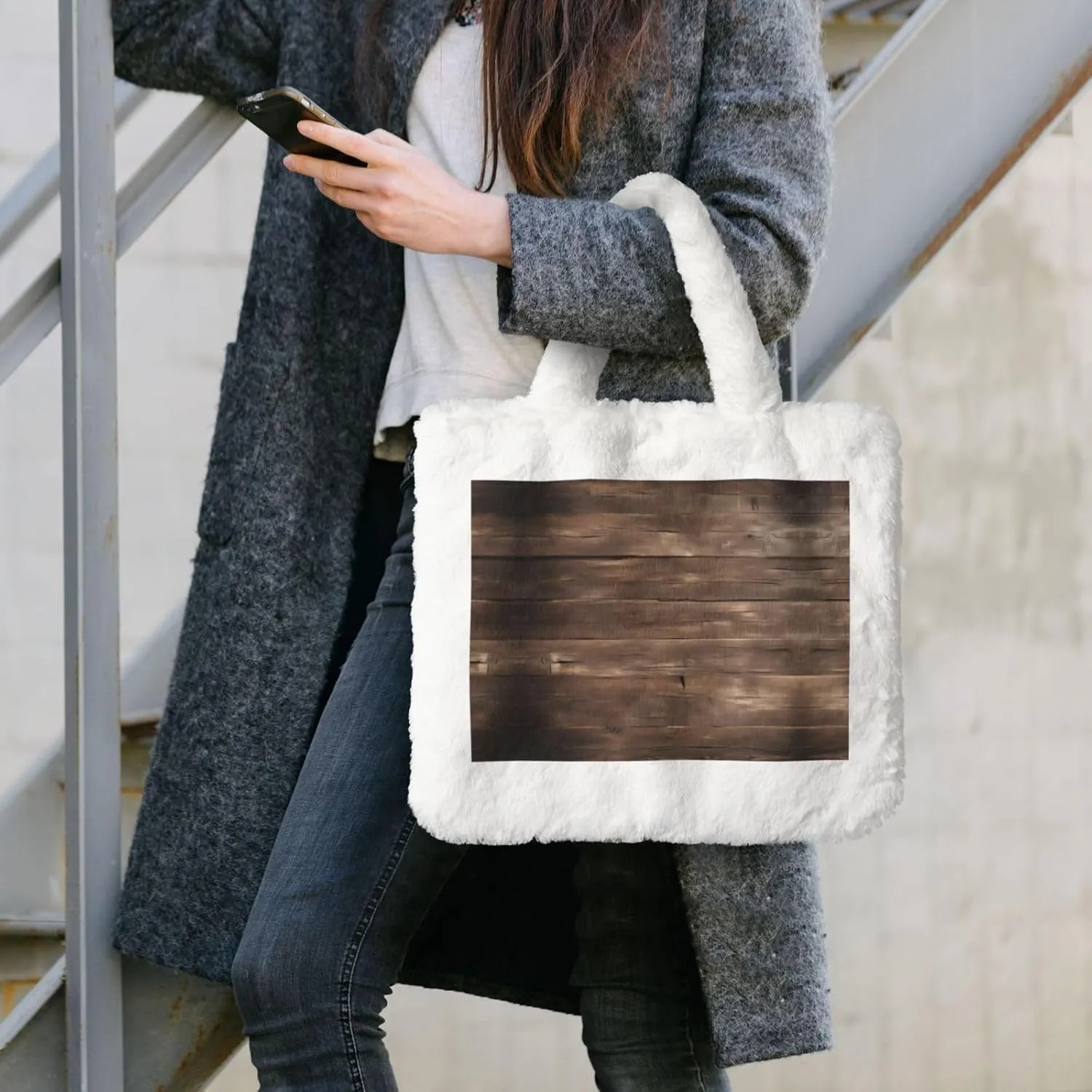 Rustic Old Barn Wood Printing Fluffy Shoulder Bag Ladies Plush Underarm Bag Tote Bag Furry Purse Handbag For Work Travel
