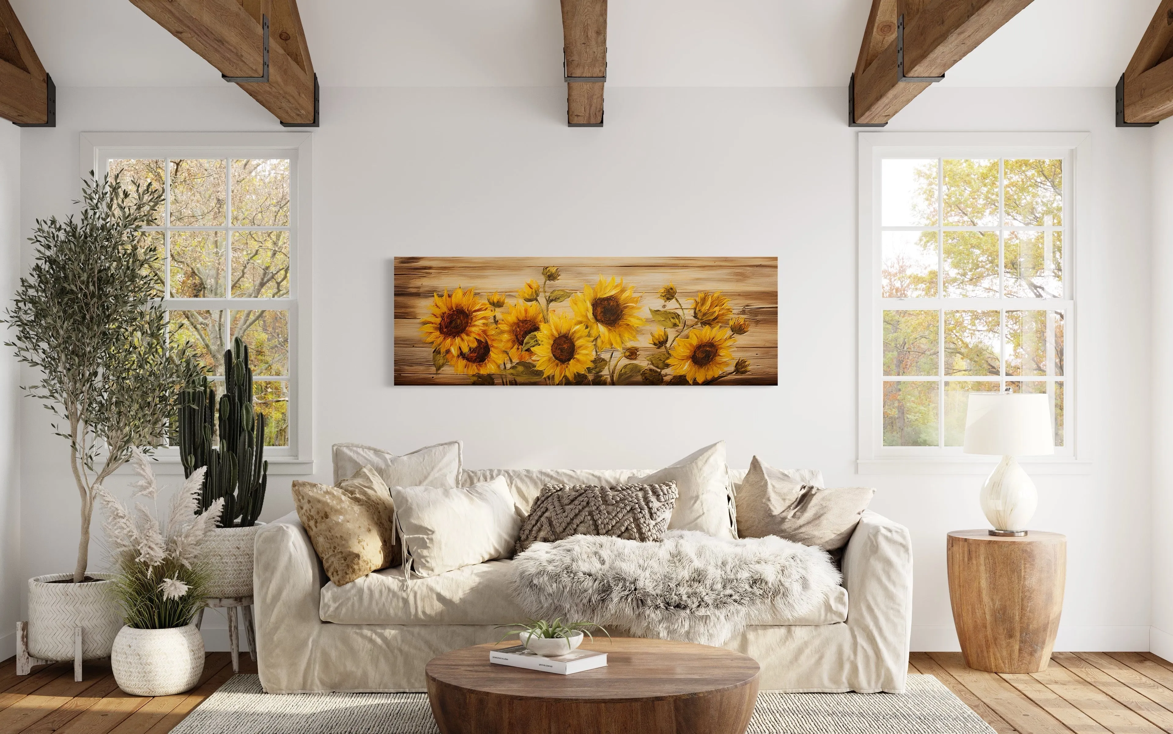 Rustic Sunflowers Painting on Wood Long Horizontal Framed Canvas  Wall Art