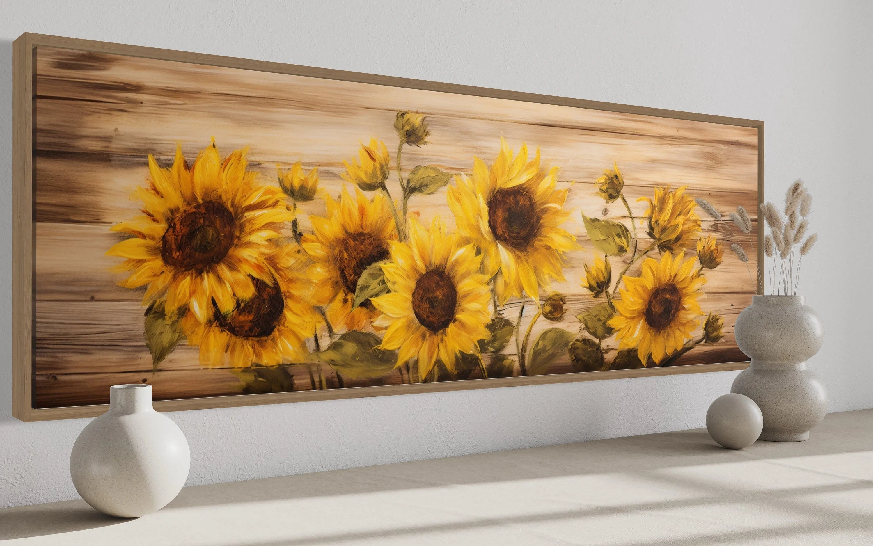 Rustic Sunflowers Painting on Wood Long Horizontal Framed Canvas  Wall Art
